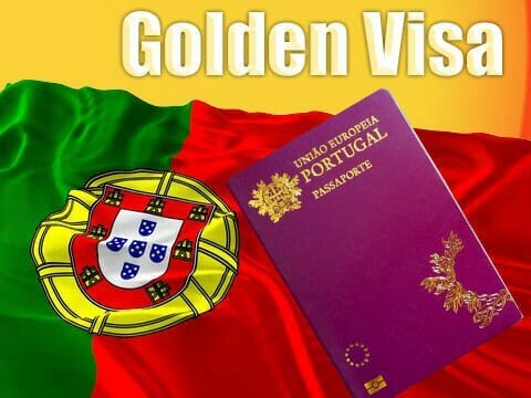 Portuguese flag with a shield emblem alongside a Portuguese passport and the text "Golden Visa" in bold letters above.