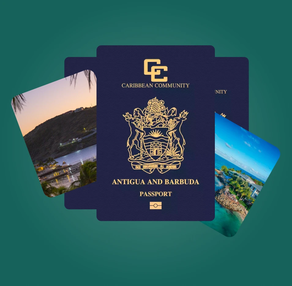 Antigua and Barbuda passport displayed with scenic images of coastal landscapes in the background, set against a green backdrop.