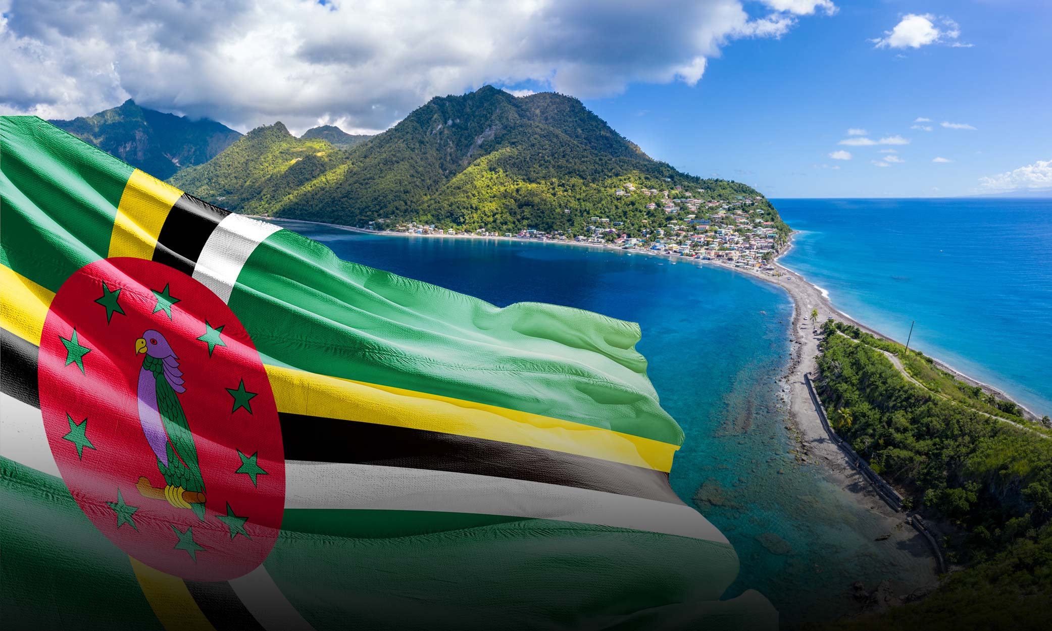 Dominica flag overlaying a breathtaking coastal view with lush green mountains, a blue bay, and a small town along the shoreline under a bright sky.