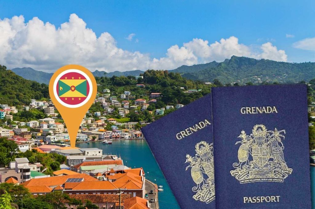 Scenic view of a Grenadian town with colorful houses and lush green hills, a location marker featuring the Grenadian flag, and two Grenada passports in the foreground.