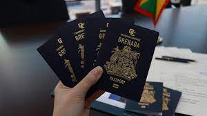 Hand holding multiple Grenada passports with documents and a small Grenadian flag in the blurred background.