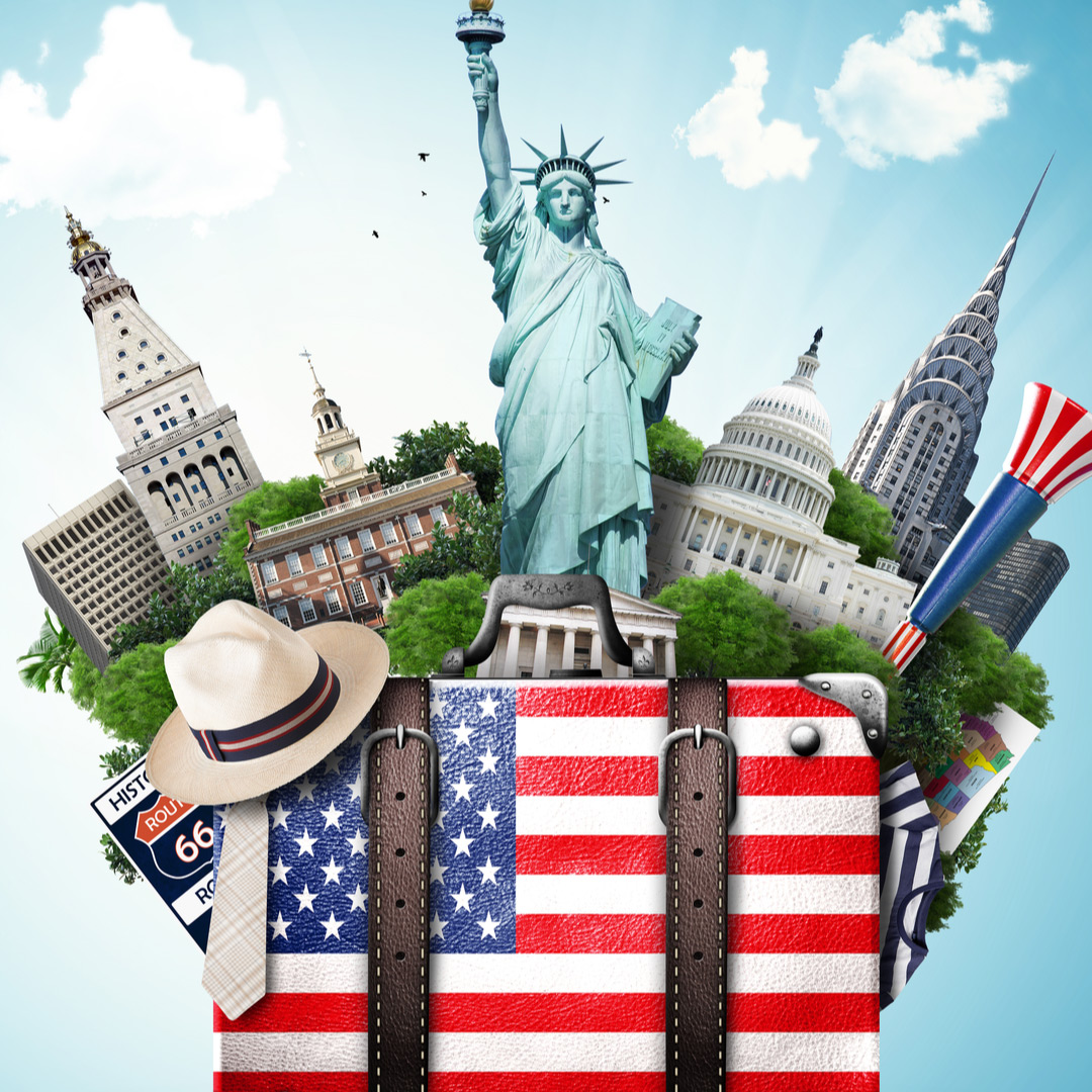 A collage featuring the Statue of Liberty, iconic U.S. landmarks, and a suitcase decorated with the American flag, representing travel to the United States.