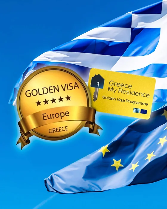 Golden Visa badge labeled "Europe Greece," a card reading "Greece My Residence Golden Visa Programme," with the Greek and European Union flags in the background against a blue sky.