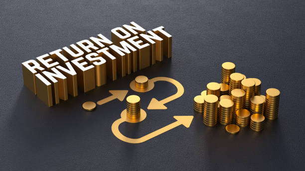 A 3D rendering of the "Return on Investment (ROI)" text, with a financial growth chart made of arrows underneath. The arrows start by pointing to a small amount of money, then progress to a larger pile of cash, symbolizing the increasing financial returns on an investment over time. This composition visually demonstrates the concept of ROI and how proper investments yield greater financial rewards.